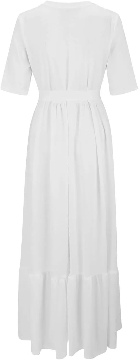 Women's Dresses Casual Summer Tiered Midi Dress Short Sleeve Belted Ruffle Babydoll Boho Sundress with Pockets