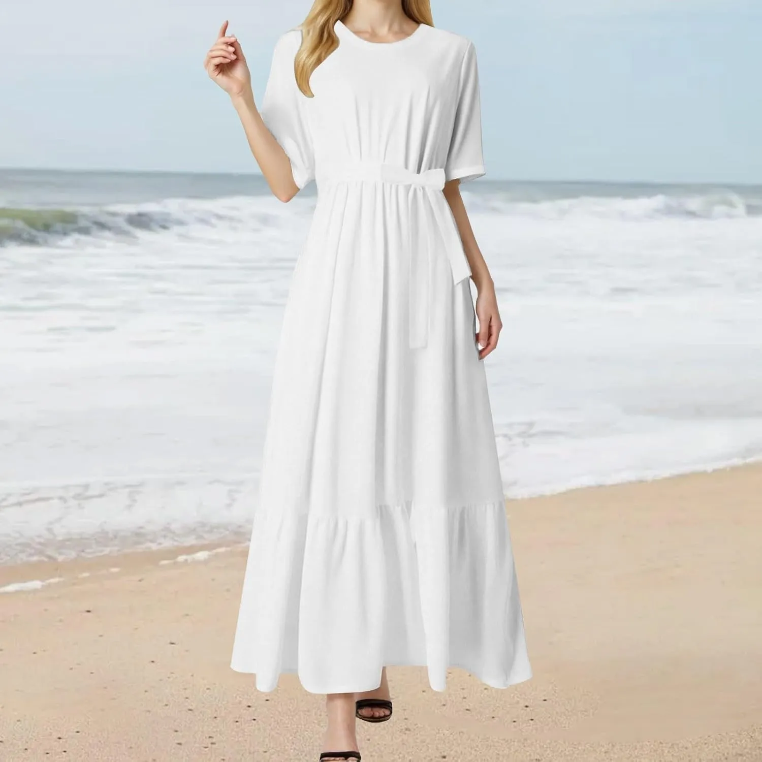 Women's Dresses Casual Summer Tiered Midi Dress Short Sleeve Belted Ruffle Babydoll Boho Sundress with Pockets