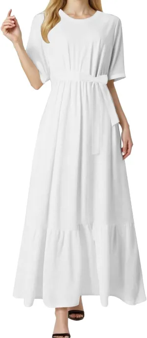 Women's Dresses Casual Summer Tiered Midi Dress Short Sleeve Belted Ruffle Babydoll Boho Sundress with Pockets