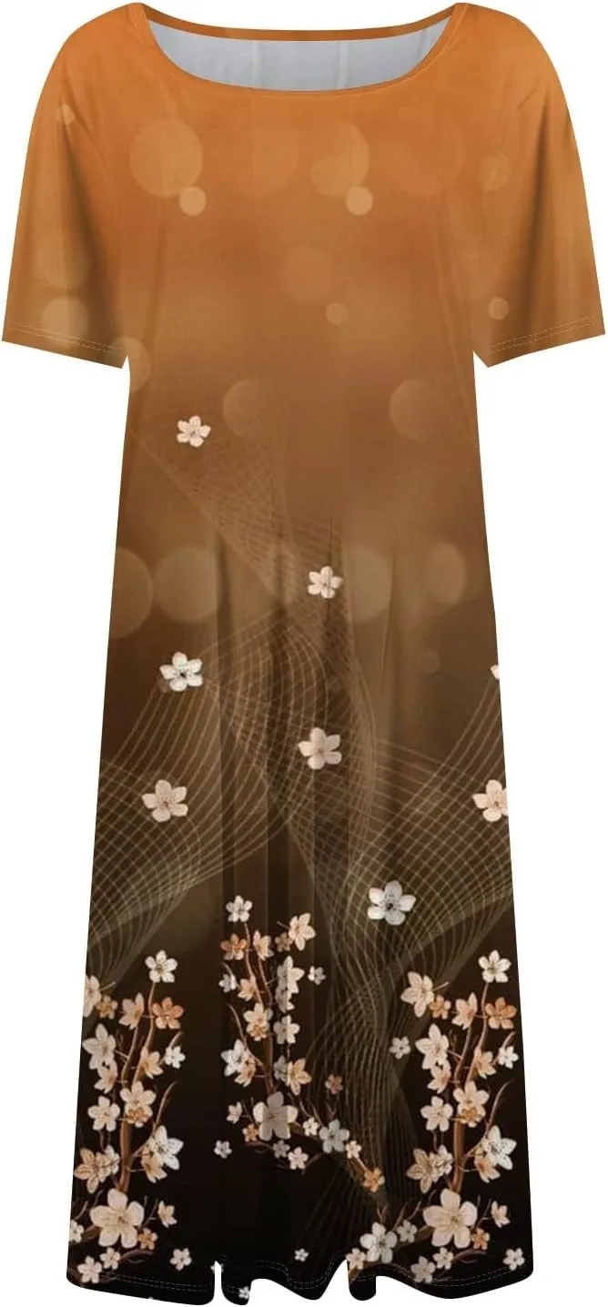 Womens Dresses Short Sleeve Summer Wrap Dress Empire Waist Floral Dress Fashion Smocked Midi Dresses with Pockets