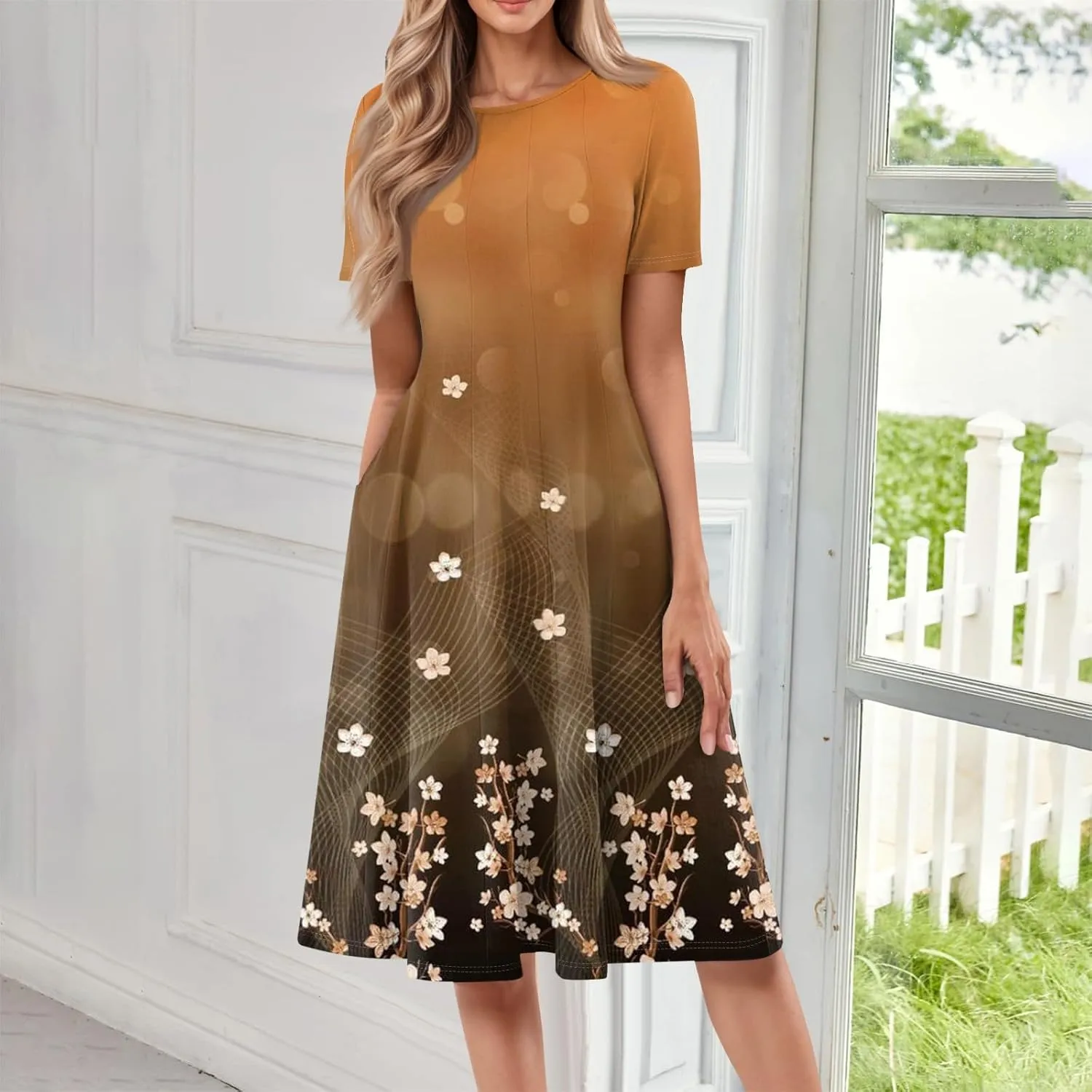 Womens Dresses Short Sleeve Summer Wrap Dress Empire Waist Floral Dress Fashion Smocked Midi Dresses with Pockets