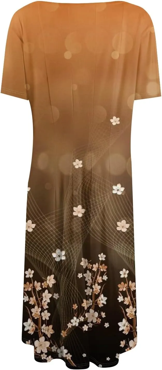 Womens Dresses Short Sleeve Summer Wrap Dress Empire Waist Floral Dress Fashion Smocked Midi Dresses with Pockets