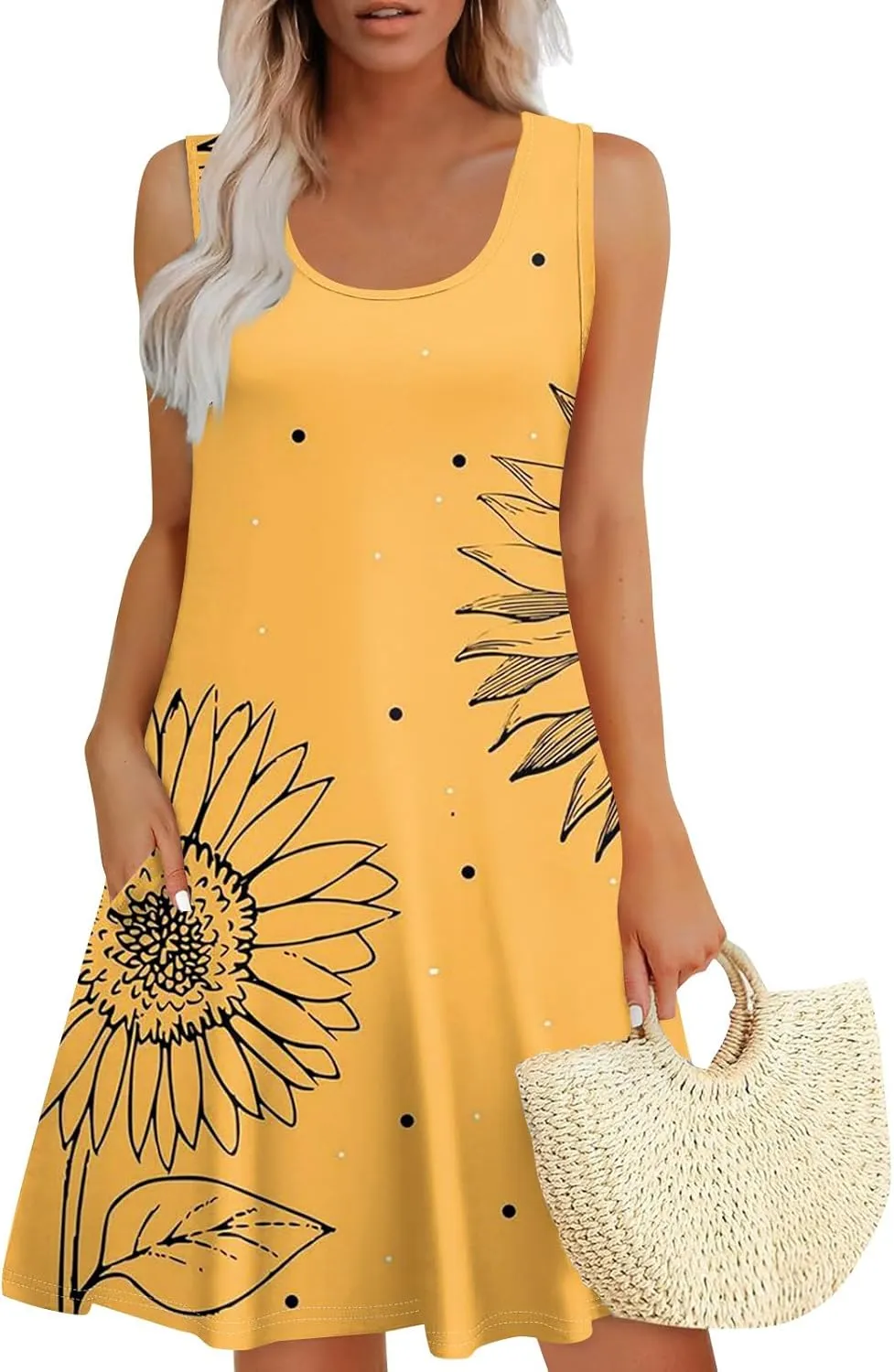 Womens Dresses Spring Tank Dress Cute Sundresses Sleeveless A-Line Dress Summer Beach Cover Up Midi Dress with Pocket