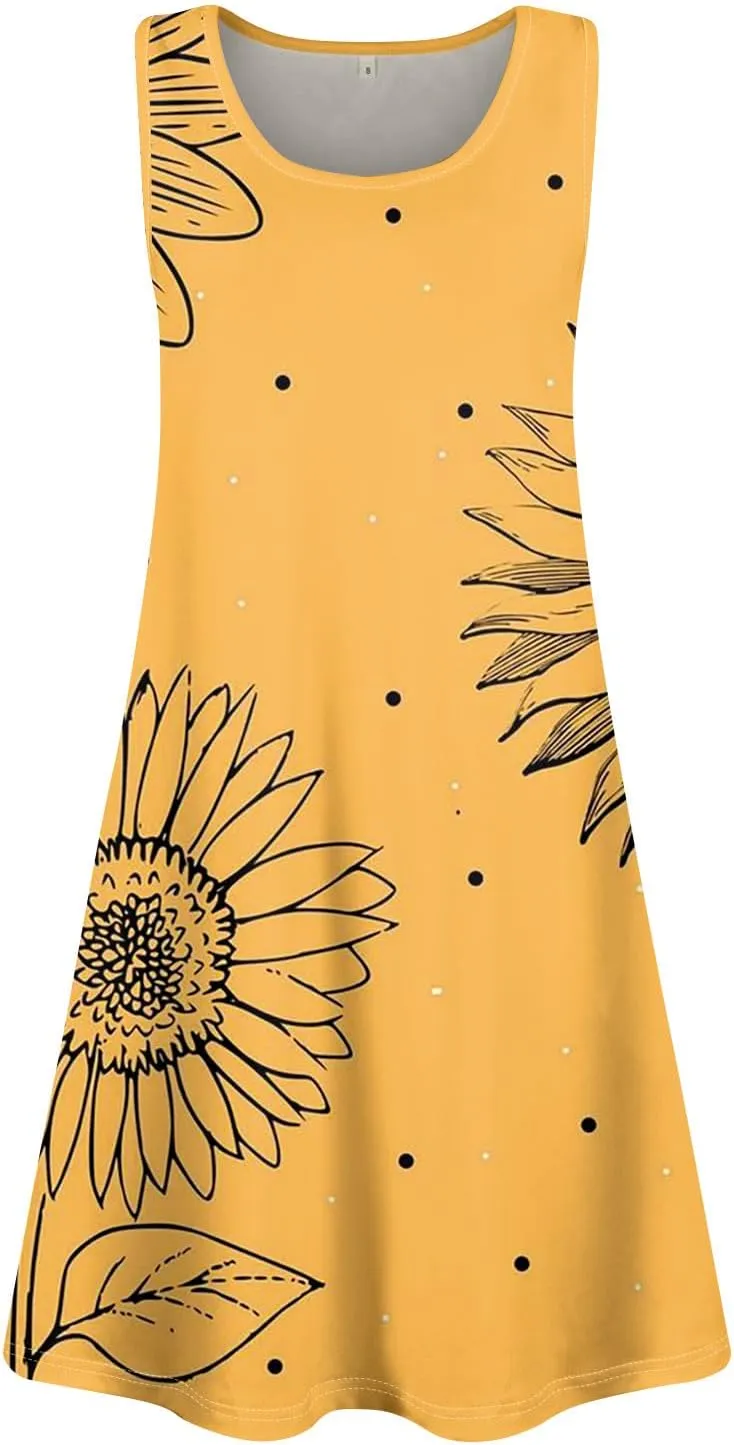 Womens Dresses Spring Tank Dress Cute Sundresses Sleeveless A-Line Dress Summer Beach Cover Up Midi Dress with Pocket