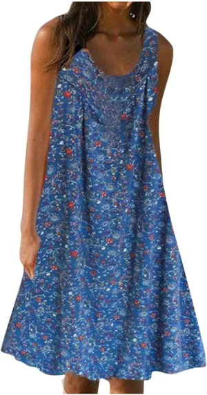 Womens Dresses Summer Sundresses 2025 Dresses Casual Sleeveless Tank Top Dress Ruffle Dress Floral Dress with Pockets