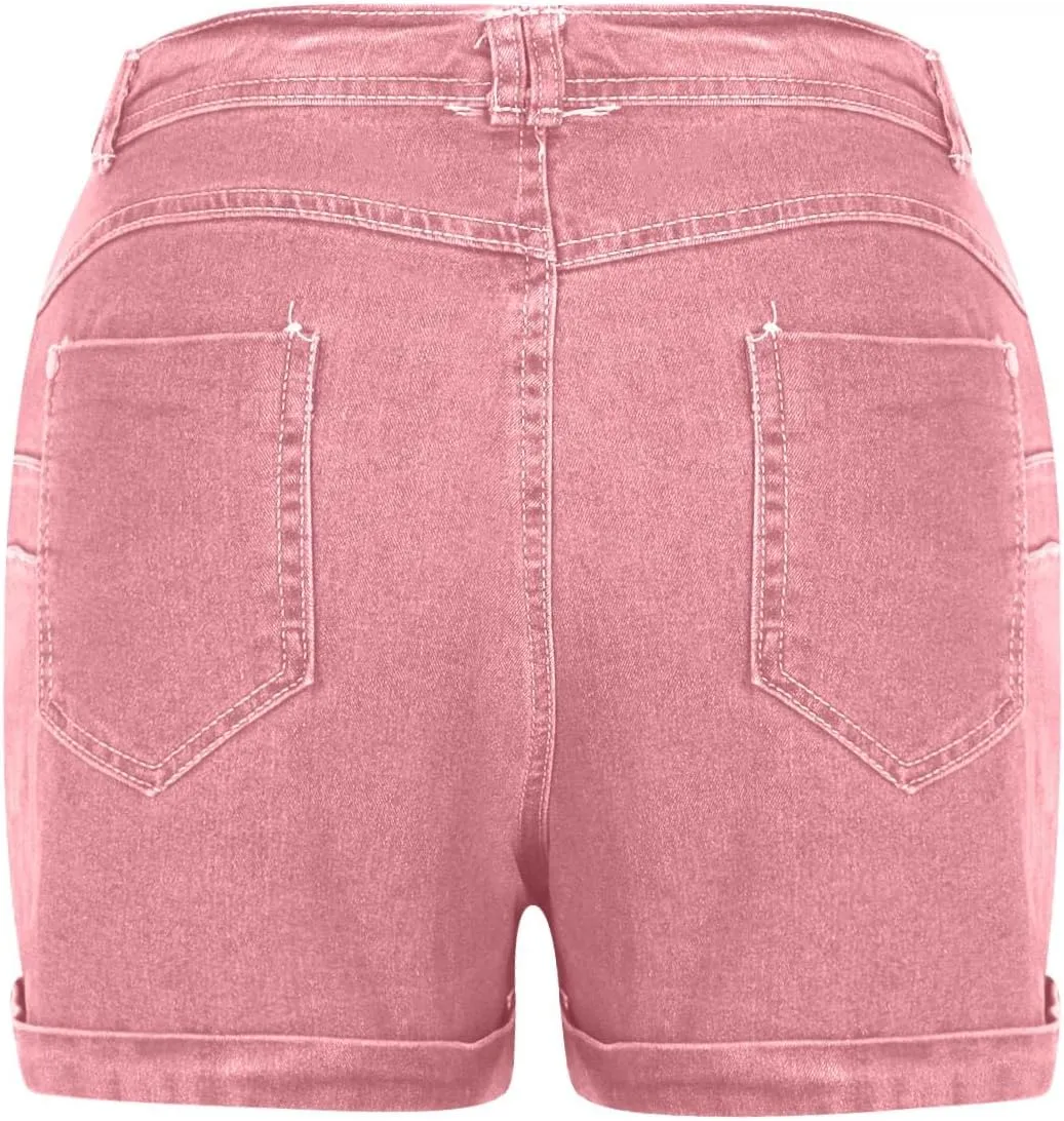 Women's Elastic Waist Tie Front Straight Denim Shorts Casual Drawstring Jean Shorts Summer Beach Shorts with Pocket