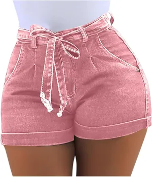 Women's Elastic Waist Tie Front Straight Denim Shorts Casual Drawstring Jean Shorts Summer Beach Shorts with Pocket