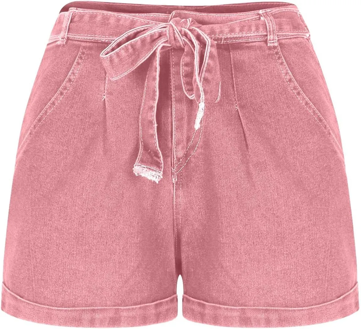 Women's Elastic Waist Tie Front Straight Denim Shorts Casual Drawstring Jean Shorts Summer Beach Shorts with Pocket