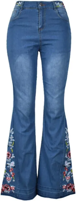 Women's Embroidered Bell Bottom Jeans High Waisted Flare Jeans Stretch Flared Vintage Wide Leg Denim Pants