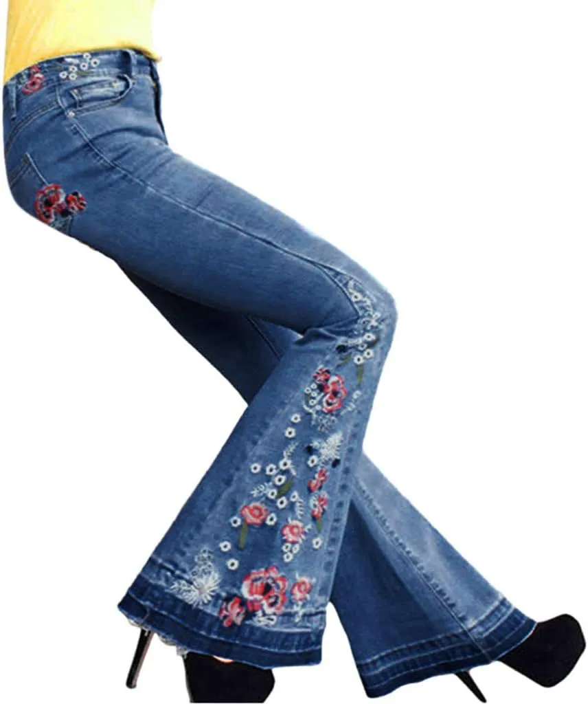 Women's Embroidered Bell Bottom Jeans High Waisted Flare Jeans Stretch Flared Vintage Wide Leg Denim Pants