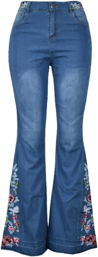 Women's Embroidered Bell Bottom Jeans High Waisted Flare Jeans Stretch Flared Vintage Wide Leg Denim Pants