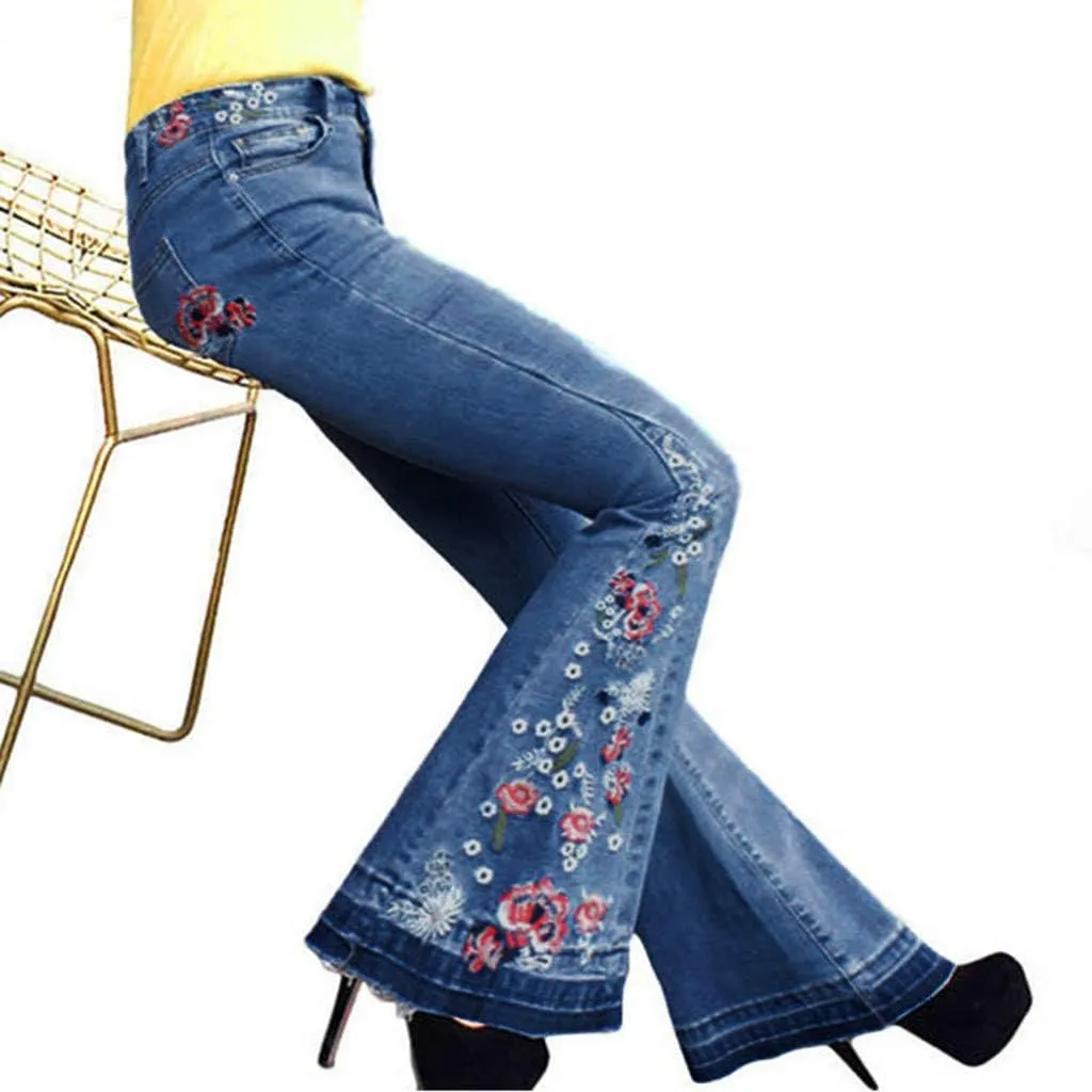 Women's Embroidered Bell Bottom Jeans High Waisted Flare Jeans Stretch Flared Vintage Wide Leg Denim Pants