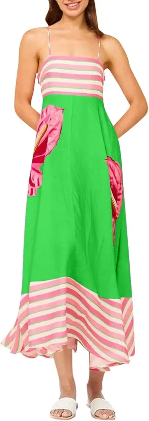 Women's Fashion Striped Floral Print Sundress Oversized Hem Flowy Loose Dresses Beach Holiday Trendy Dress