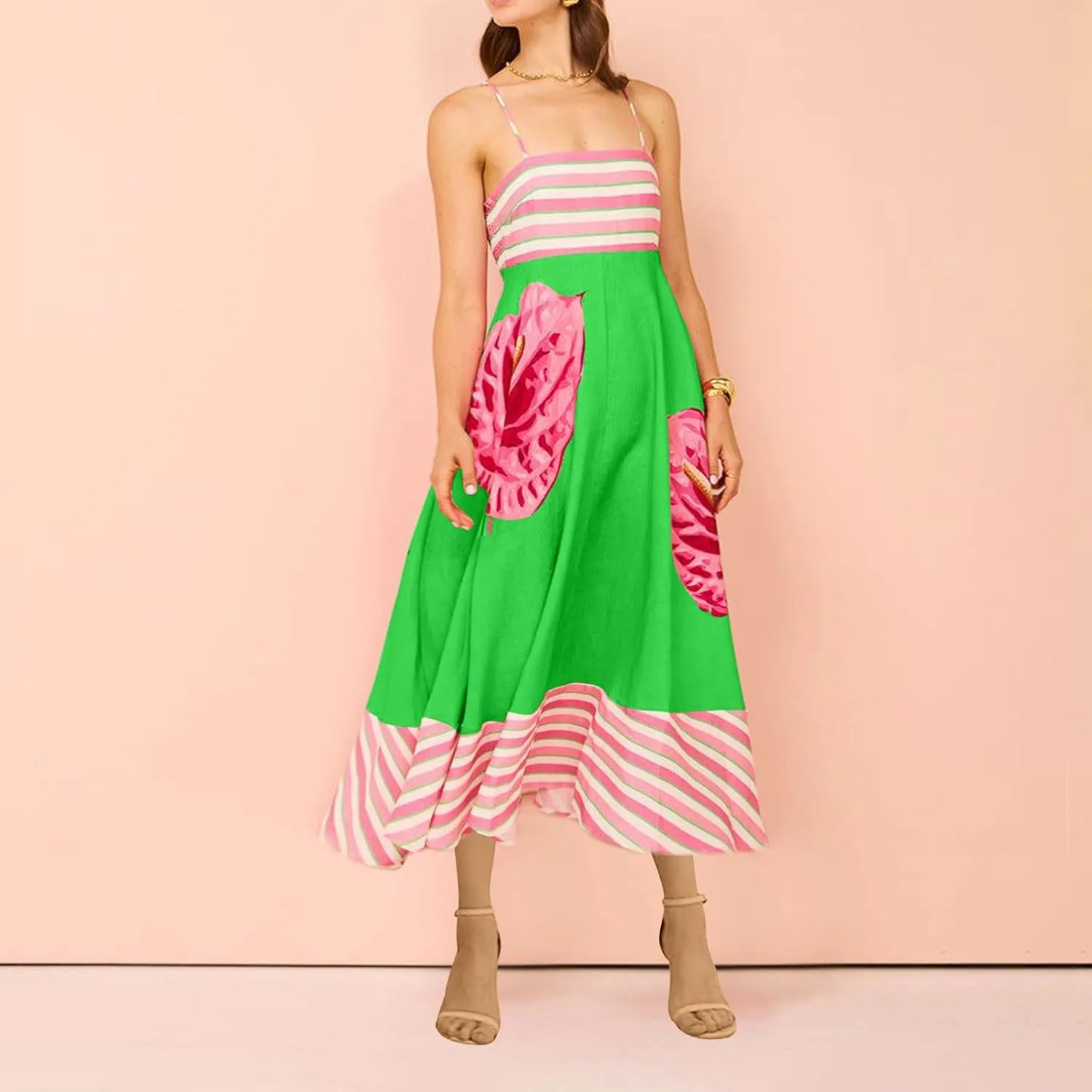 Women's Fashion Striped Floral Print Sundress Oversized Hem Flowy Loose Dresses Beach Holiday Trendy Dress