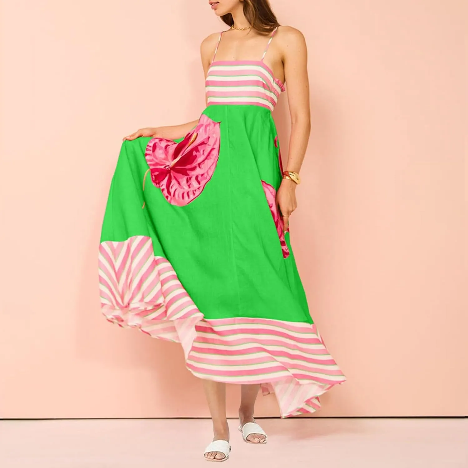 Women's Fashion Striped Floral Print Sundress Oversized Hem Flowy Loose Dresses Beach Holiday Trendy Dress