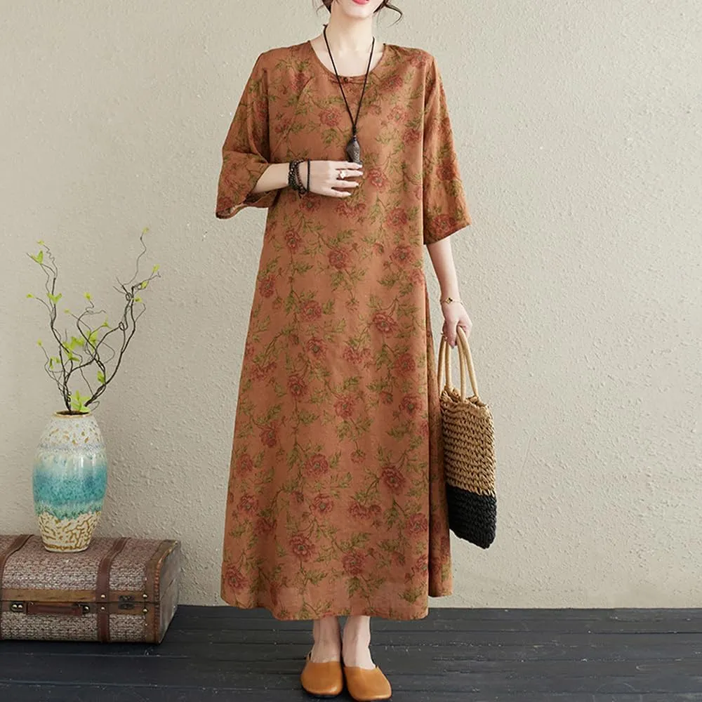 Womens Flowy Floral Crewneck Midi Dress Elegant Shift Dress Cheongsam Dress Summer Maternity Wedding Guest Vacation Dresses