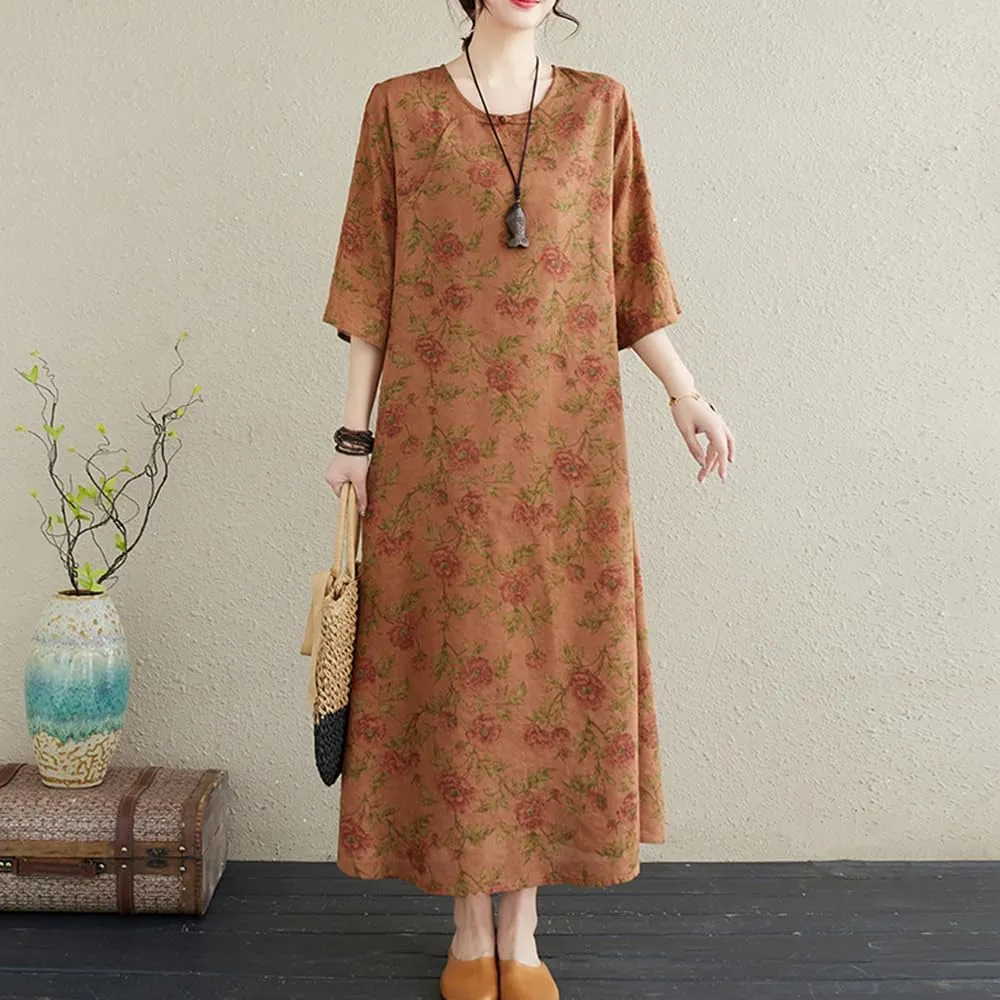Womens Flowy Floral Crewneck Midi Dress Elegant Shift Dress Cheongsam Dress Summer Maternity Wedding Guest Vacation Dresses