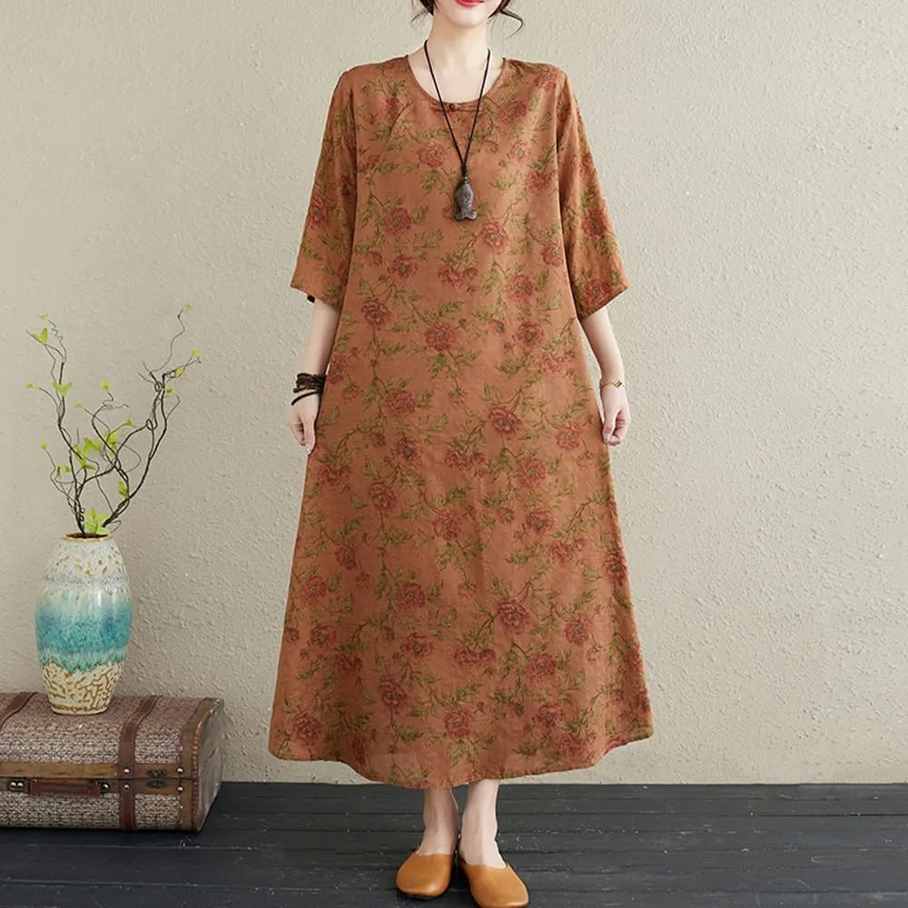 Womens Flowy Floral Crewneck Midi Dress Elegant Shift Dress Cheongsam Dress Summer Maternity Wedding Guest Vacation Dresses