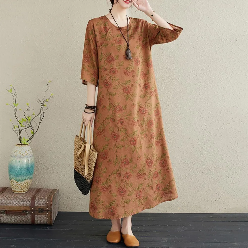 Womens Flowy Floral Crewneck Midi Dress Elegant Shift Dress Cheongsam Dress Summer Maternity Wedding Guest Vacation Dresses