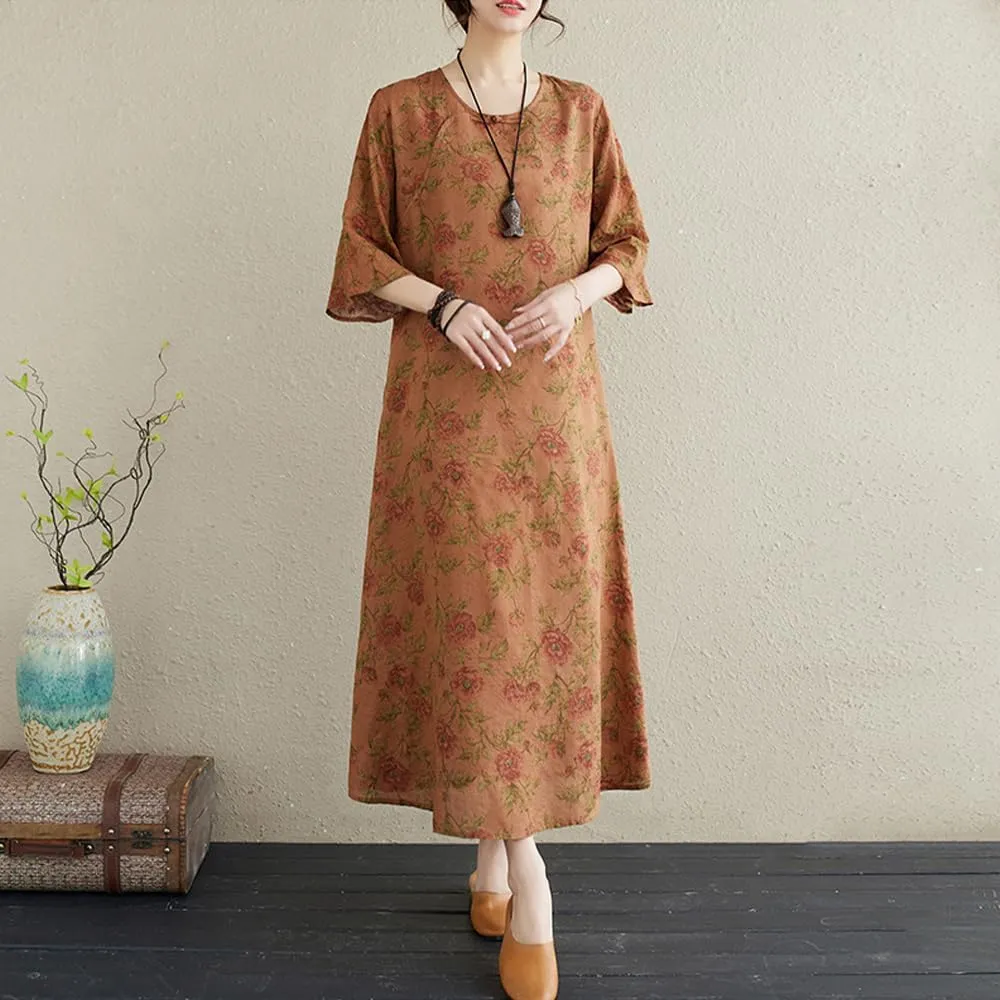 Womens Flowy Floral Crewneck Midi Dress Elegant Shift Dress Cheongsam Dress Summer Maternity Wedding Guest Vacation Dresses