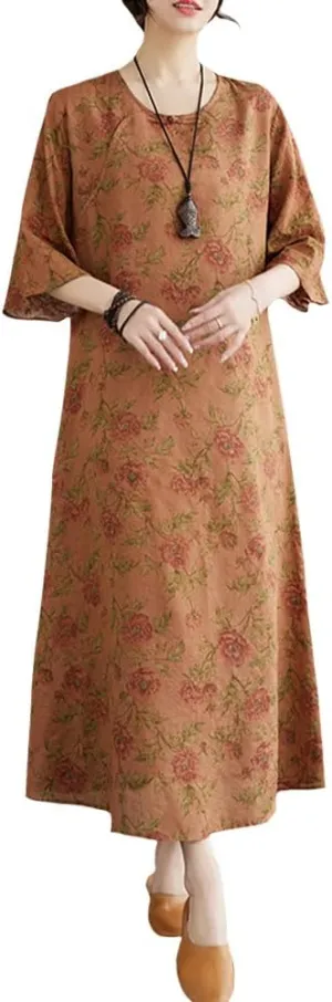 Womens Flowy Floral Crewneck Midi Dress Elegant Shift Dress Cheongsam Dress Summer Maternity Wedding Guest Vacation Dresses