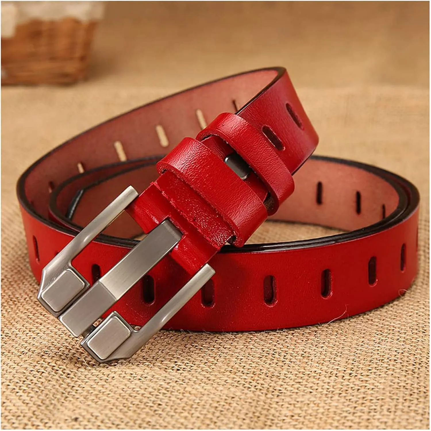 Women's Genuine Leather Belt, Vintage Pin Buckle Reversible Leather Belts, Waistband for Daily Wear, Cowskin Solid Belt