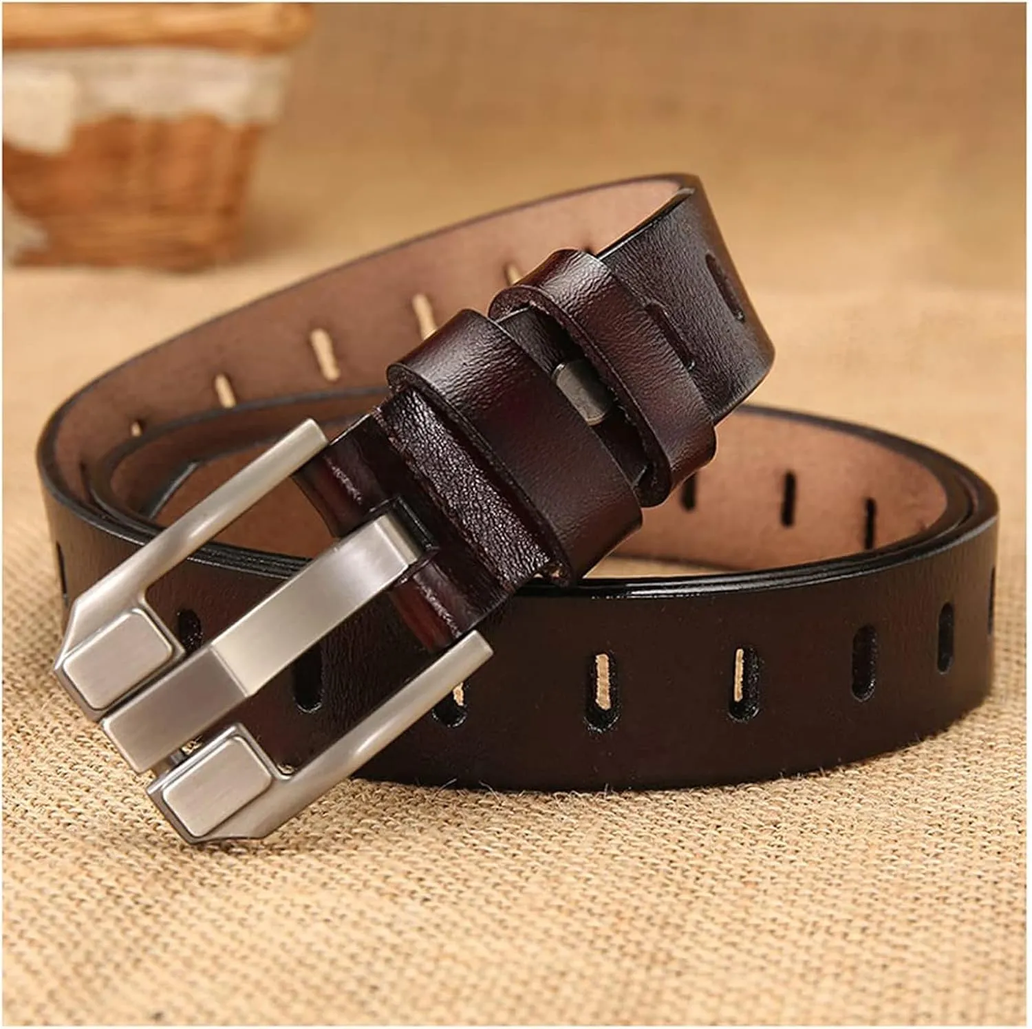 Women's Genuine Leather Belt, Vintage Pin Buckle Reversible Leather Belts, Waistband for Daily Wear, Cowskin Solid Belt