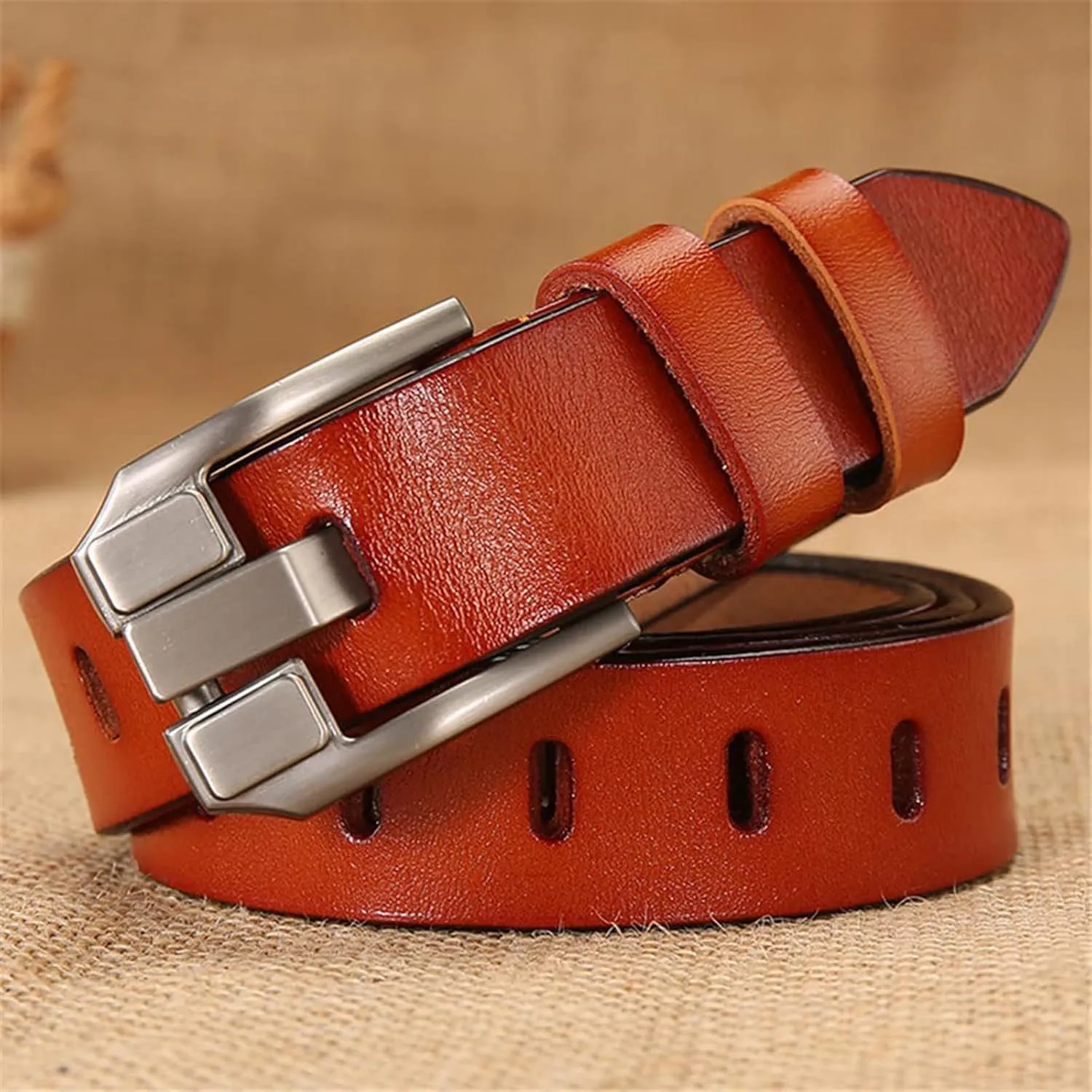 Women's Genuine Leather Belt, Vintage Pin Buckle Reversible Leather Belts, Waistband for Daily Wear, Cowskin Solid Belt