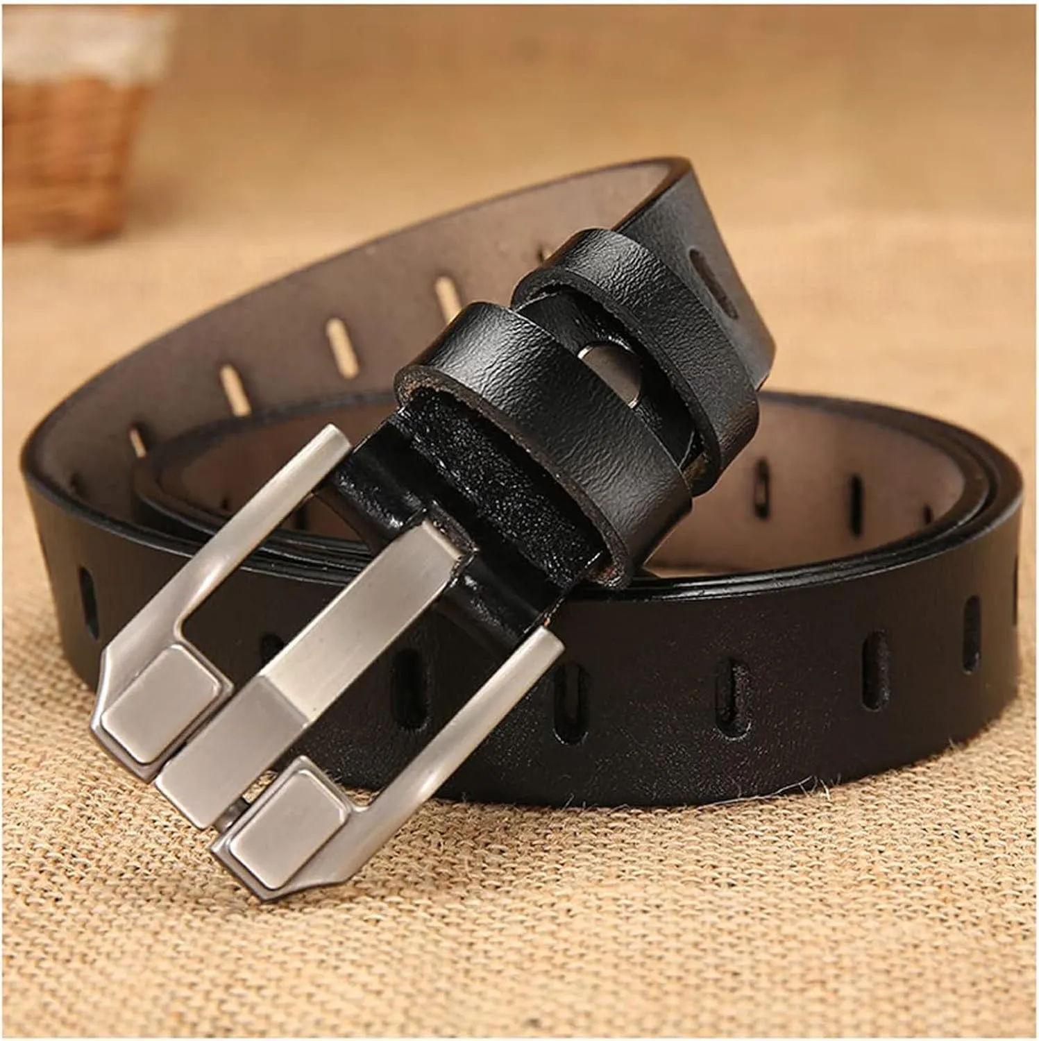 Women's Genuine Leather Belt, Vintage Pin Buckle Reversible Leather Belts, Waistband for Daily Wear, Cowskin Solid Belt