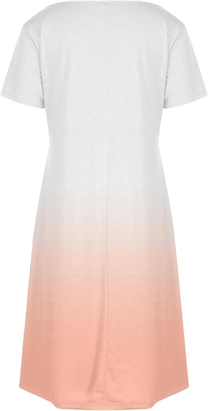 Womens Gradient Summer Dresses 2025 Short Sleeve V Neck Shift Casual Dress Beach Vacation Sundress