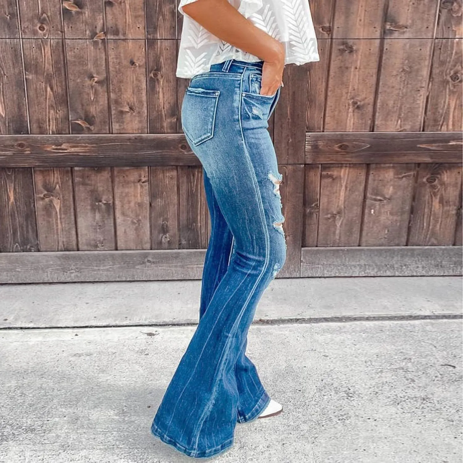 Womens High Waisted Bell Bottom Tapered Jeans Stretchy Slim Fit Wide Leg Flared Ripped Jeans Denim Pants Streetwear