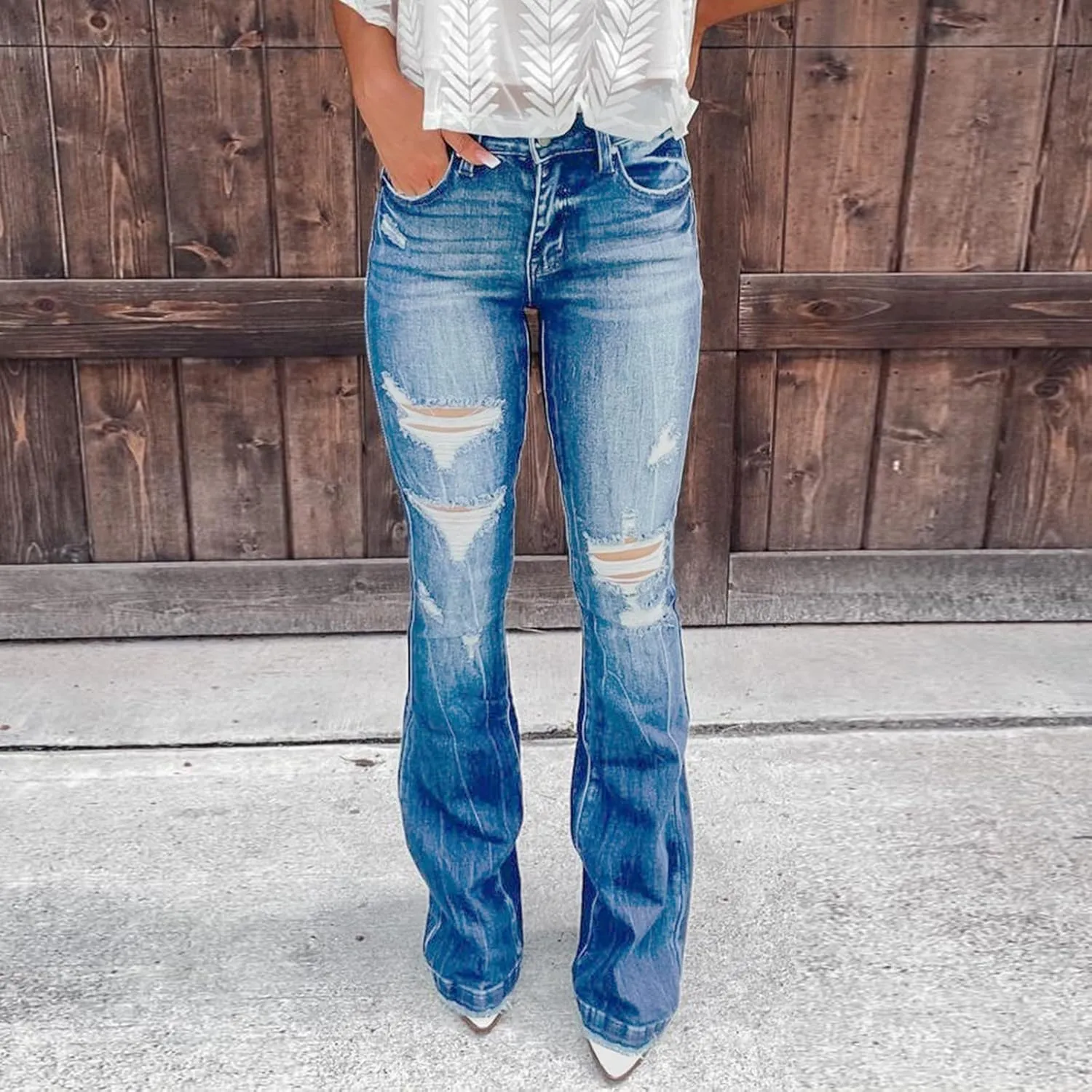 Womens High Waisted Bell Bottom Tapered Jeans Stretchy Slim Fit Wide Leg Flared Ripped Jeans Denim Pants Streetwear