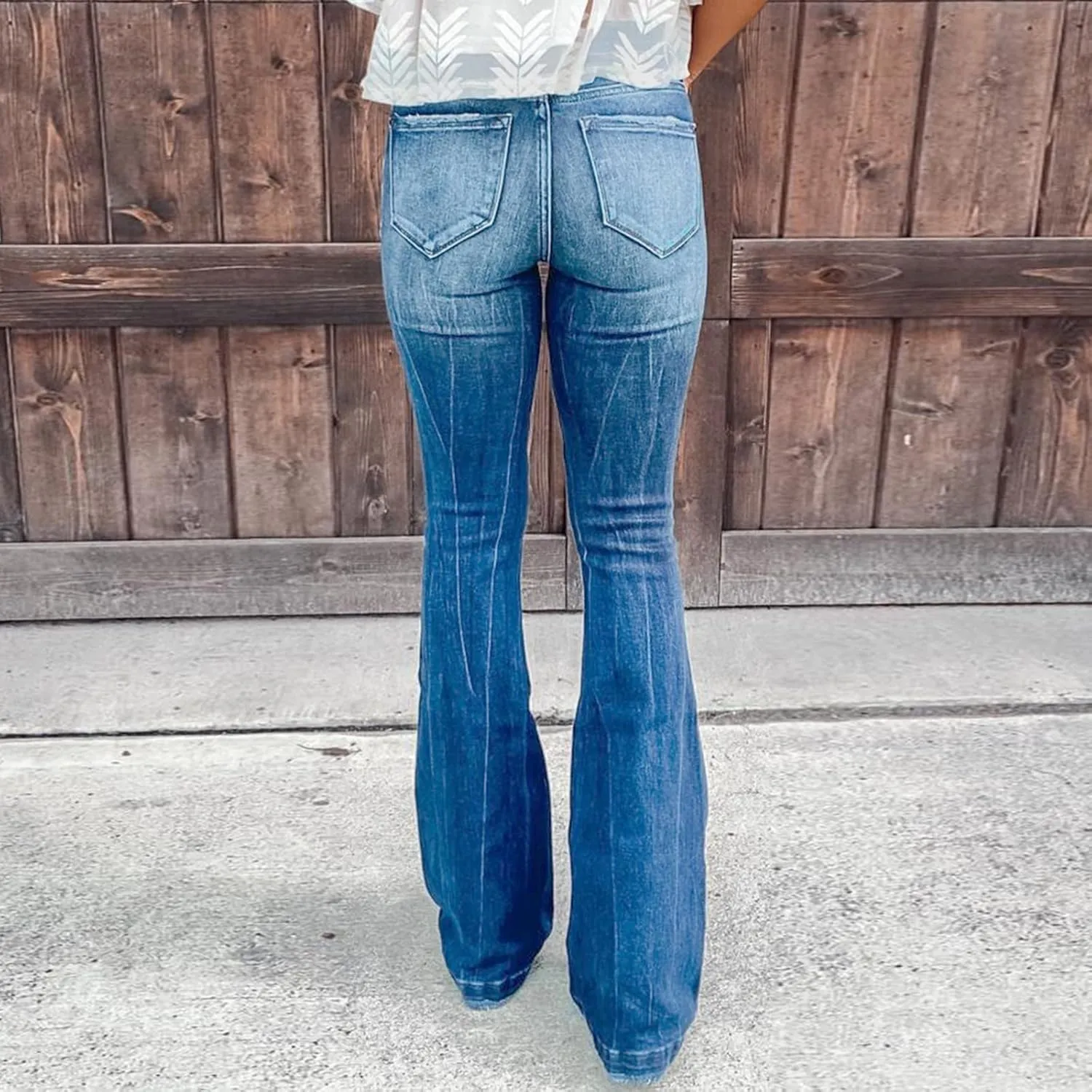 Womens High Waisted Bell Bottom Tapered Jeans Stretchy Slim Fit Wide Leg Flared Ripped Jeans Denim Pants Streetwear