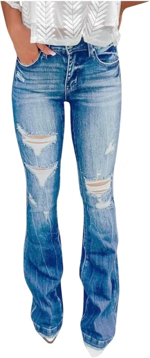 Womens High Waisted Bell Bottom Tapered Jeans Stretchy Slim Fit Wide Leg Flared Ripped Jeans Denim Pants Streetwear