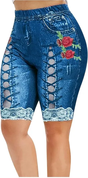 Womens High Waisted Casual Denim Shorts Plus Size Printed Lace Trim Skinny Jeans Shorts Stretch Comfy Bermuda Shorts