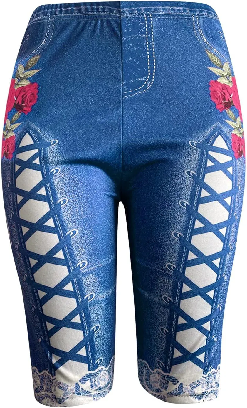 Womens High Waisted Casual Denim Shorts Plus Size Printed Lace Trim Skinny Jeans Shorts Stretch Comfy Bermuda Shorts