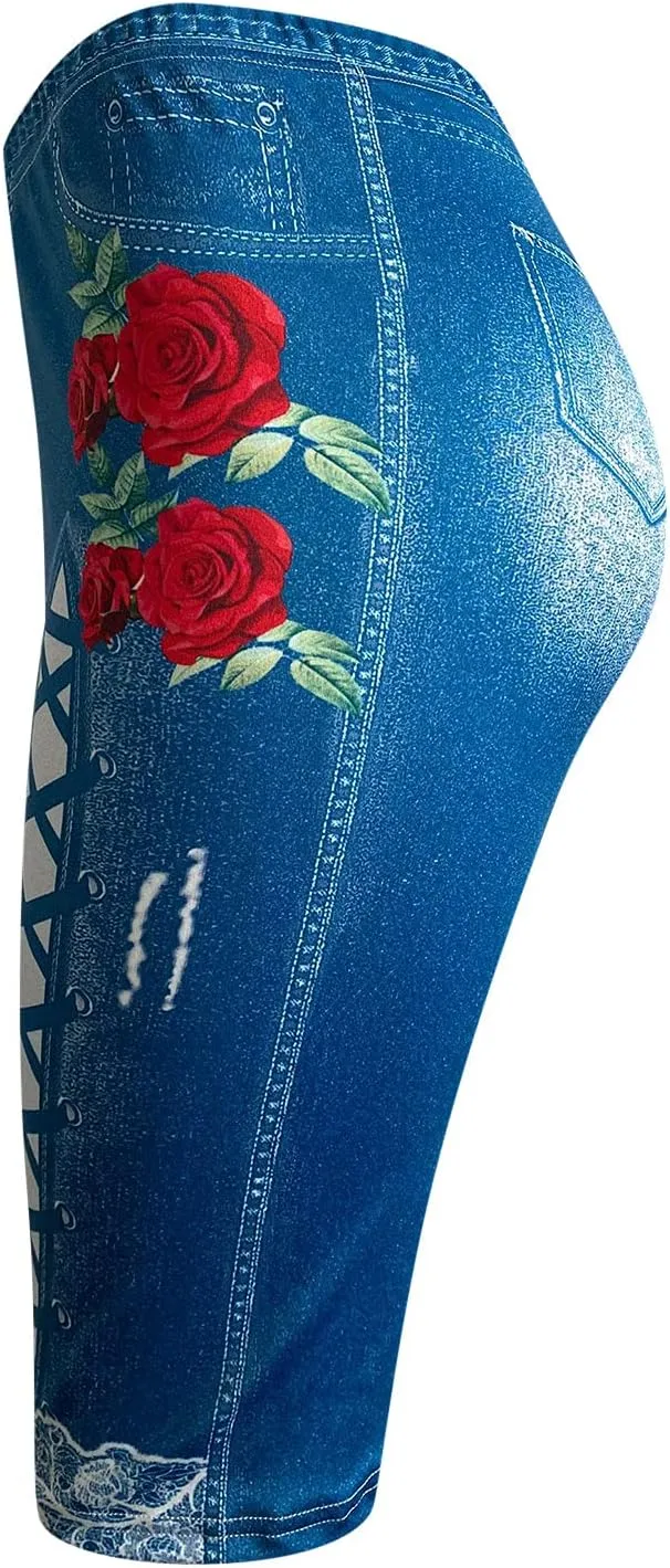 Womens High Waisted Casual Denim Shorts Plus Size Printed Lace Trim Skinny Jeans Shorts Stretch Comfy Bermuda Shorts