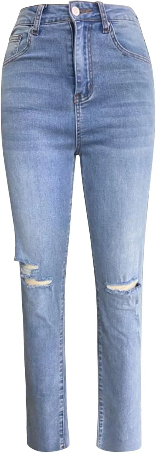 Women's High Waisted Jeans, Cut Out Skinny Denim Pants for Women Distressed Stretch Jeans Ripped Butt Lift Jeans
