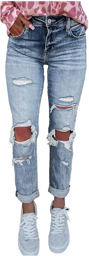 Women's Jeans Trendy Classic Mid Rise Straight Leg Trousers Skinny Ripped Jeans Slim Fit Denim Long Pants