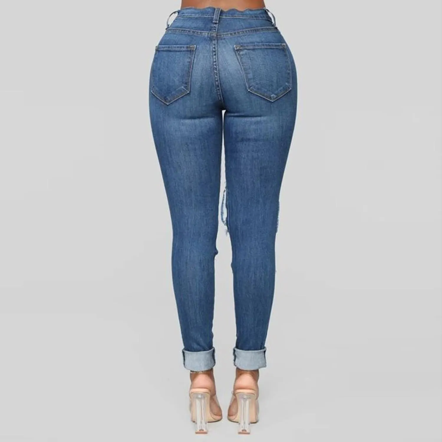 Women's Jeans Trendy Classic Mid Rise Straight Leg Trousers Skinny Ripped Jeans Slim Fit Denim Long Pants