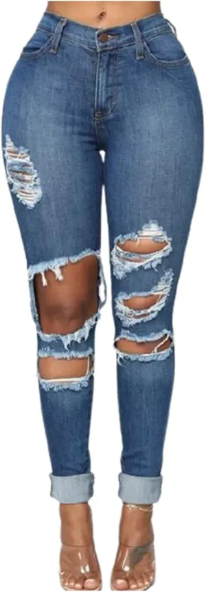 Women's Jeans Trendy Classic Mid Rise Straight Leg Trousers Skinny Ripped Jeans Slim Fit Denim Long Pants