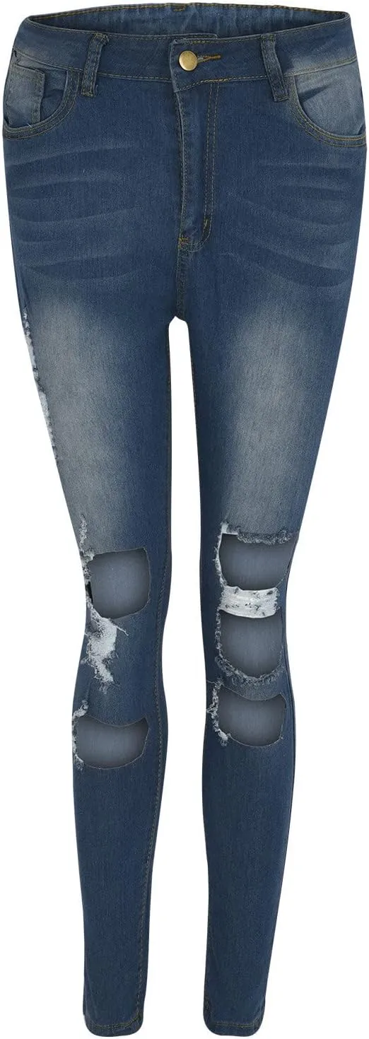 Women's Jeans Trendy Classic Mid Rise Straight Leg Trousers Skinny Ripped Jeans Slim Fit Denim Long Pants