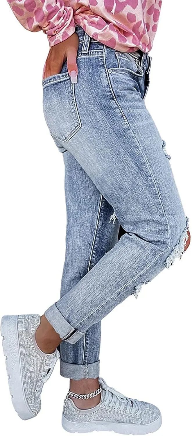 Women's Jeans Trendy Classic Mid Rise Straight Leg Trousers Skinny Ripped Jeans Slim Fit Denim Long Pants