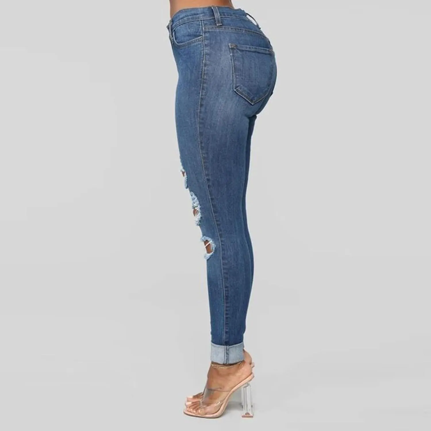 Women's Jeans Trendy Classic Mid Rise Straight Leg Trousers Skinny Ripped Jeans Slim Fit Denim Long Pants