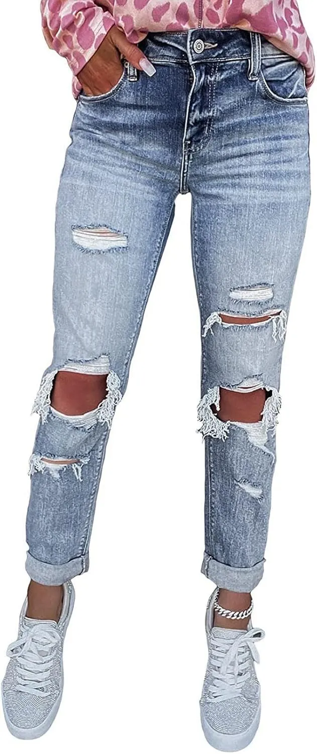 Women's Jeans Trendy Classic Mid Rise Straight Leg Trousers Skinny Ripped Jeans Slim Fit Denim Long Pants