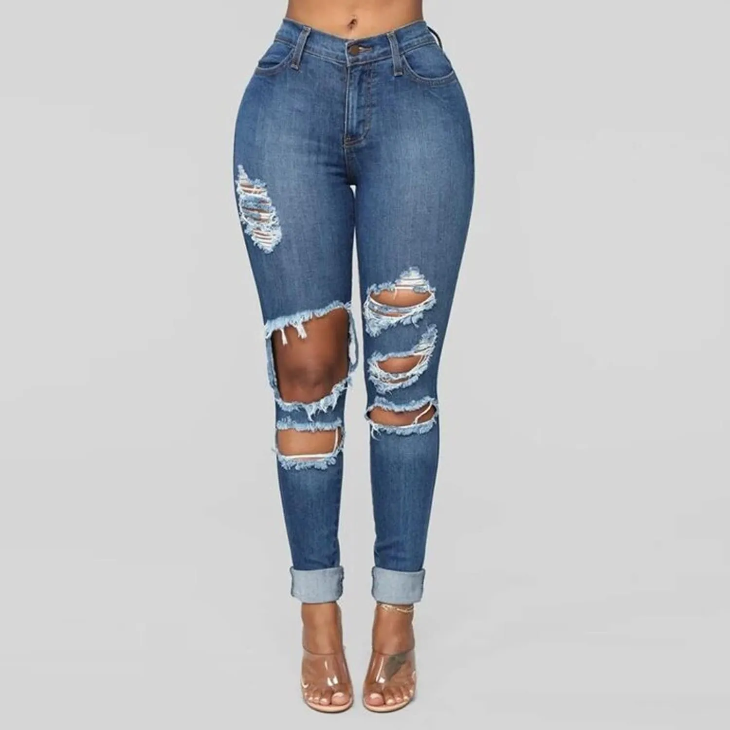 Women's Jeans Trendy Classic Mid Rise Straight Leg Trousers Skinny Ripped Jeans Slim Fit Denim Long Pants