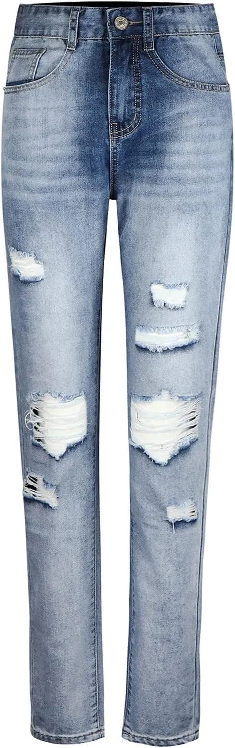Women's Jeans Trendy Classic Mid Rise Straight Leg Trousers Skinny Ripped Jeans Slim Fit Denim Long Pants