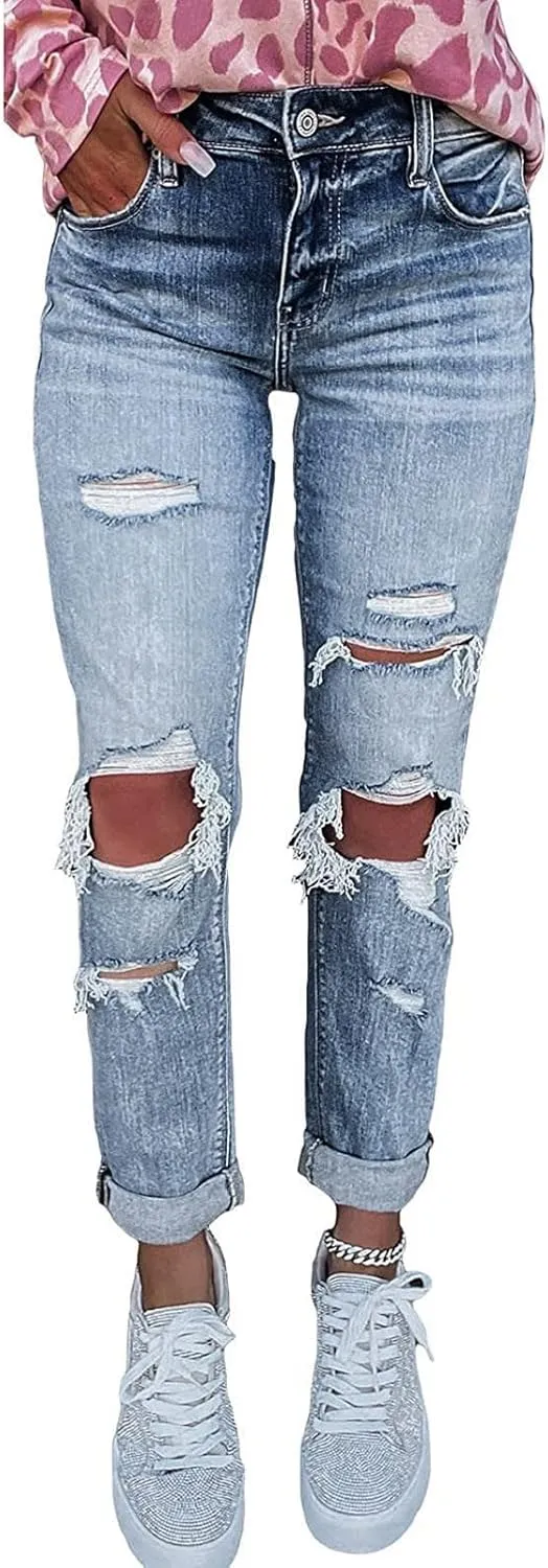 Women's Jeans Trendy Classic Mid Rise Straight Leg Trousers Skinny Ripped Jeans Slim Fit Denim Long Pants