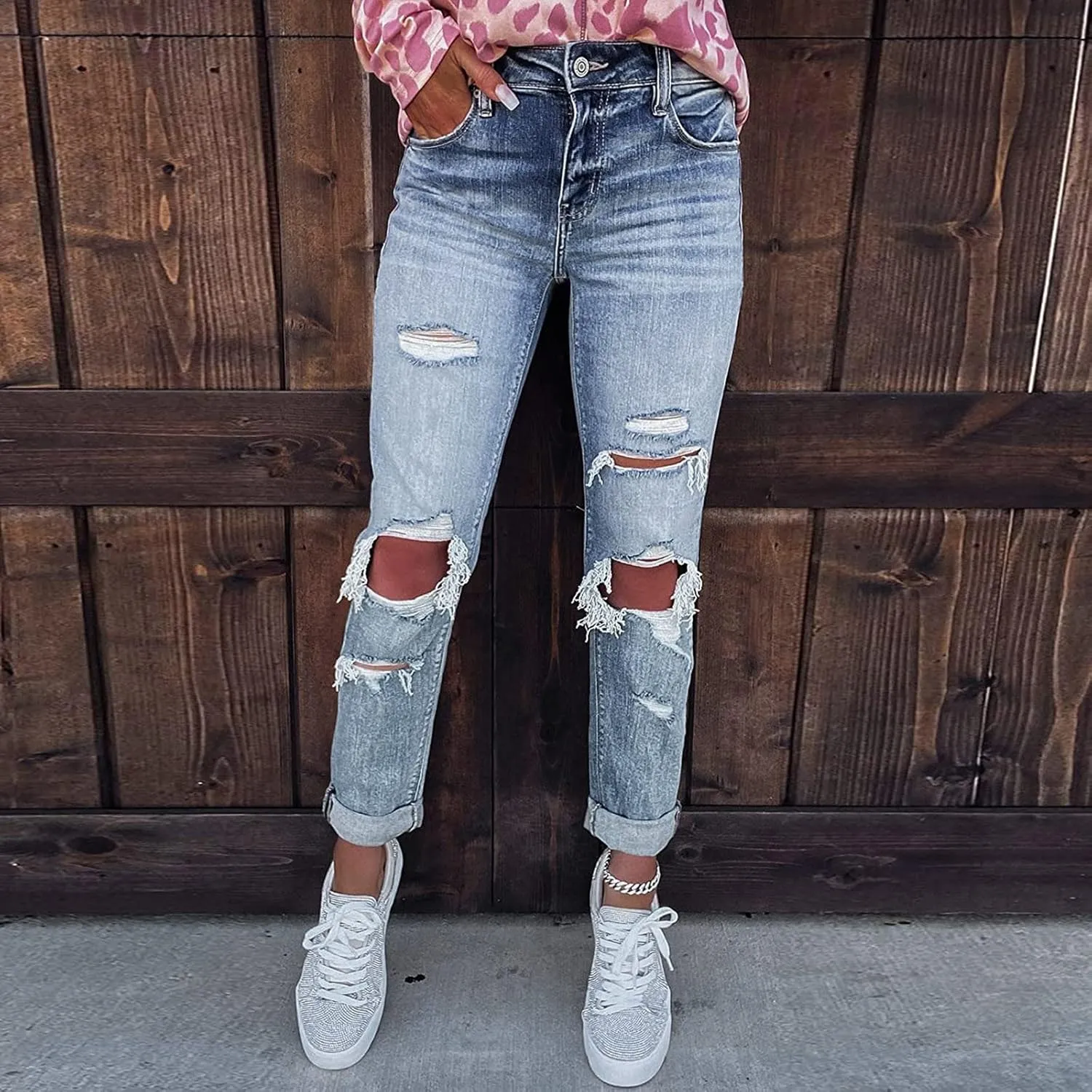 Women's Jeans Trendy Classic Mid Rise Straight Leg Trousers Skinny Ripped Jeans Slim Fit Denim Long Pants