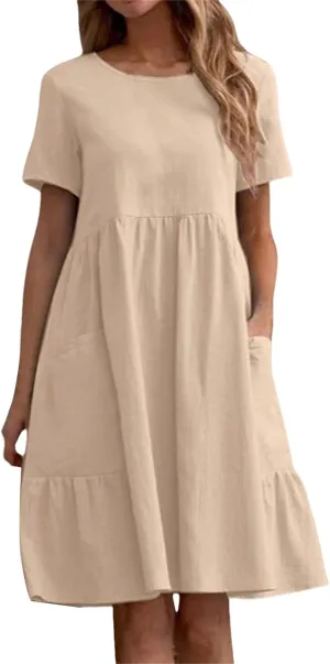 Womens Linen Cotton Dress Casual Crewneck Short Sleeve Tshirt Dress Summer A-line High Waist Swing Flowy Sundress